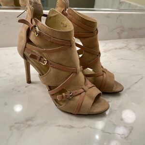 Ivanka Trump Strappy Tan Suede Heels Size 6.5 Gladiator Style Stiletto